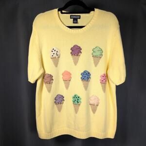 VTG Lands' End Yellow Knit Sweater Ice Cream Cones Short Sleeve Pullover Size XL